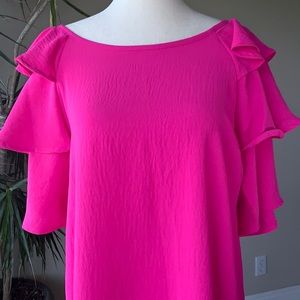 NWT ODDY hot pink looking back ruffle sleeve top sz S lightweight summer staple
